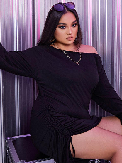 Off Shoulder Ruched Knotted Black Dress