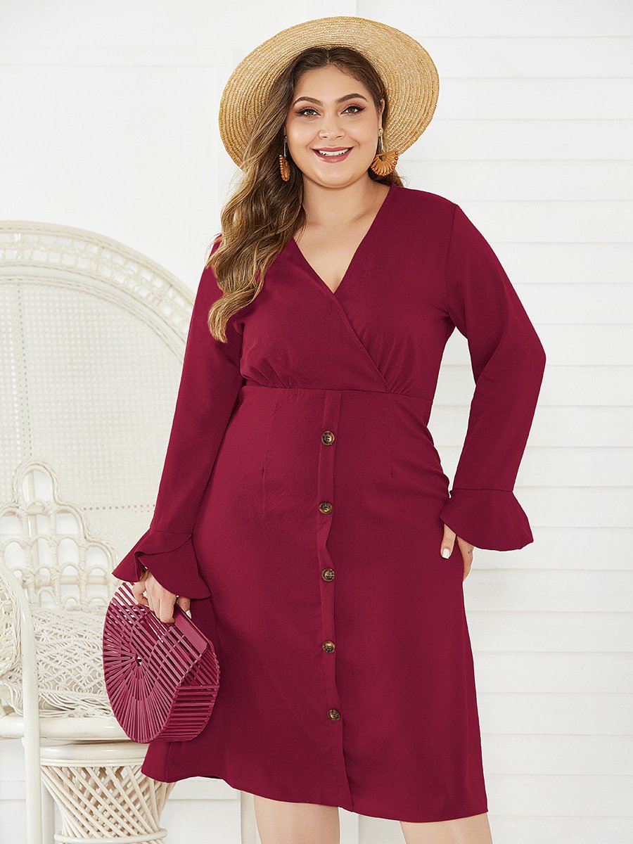 V-neck Button Red Dresses