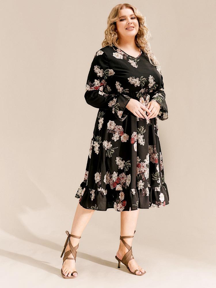 Floral Ruffled Long Sleeve V-Neck Dress
