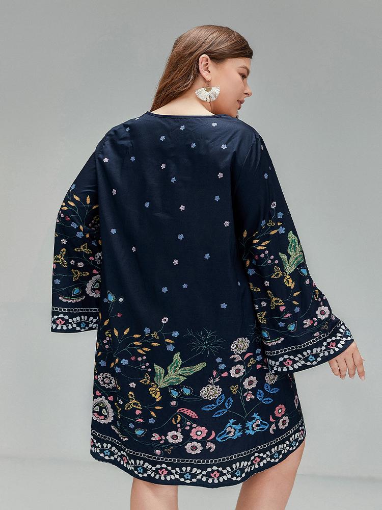 Plant V-neck Flared Sleeve Dress