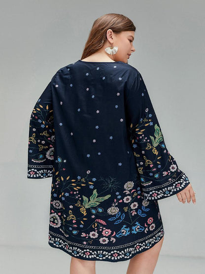 Plant V-neck Flared Sleeve Dress