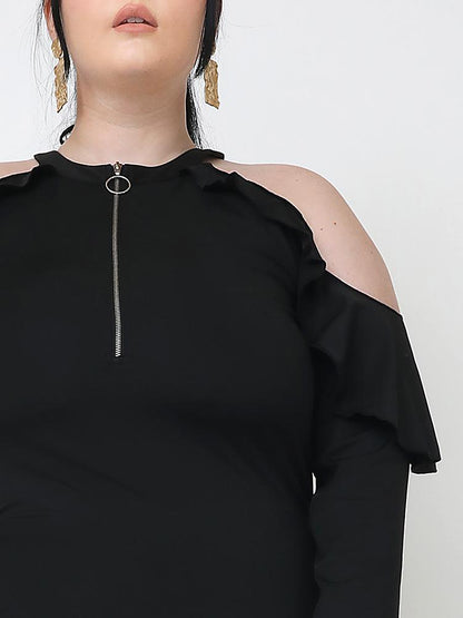 Ruffle Detail Zip Cold Shoulder Dress