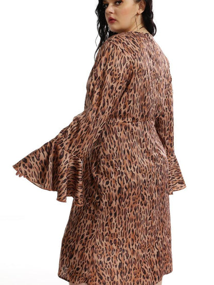 Leopard Flared Sleeve V-neck Wrap Dress
