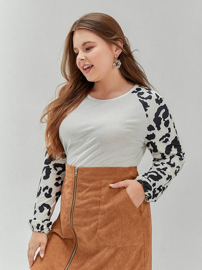 Leopard Print Sleeve Round Neck T-Shirt