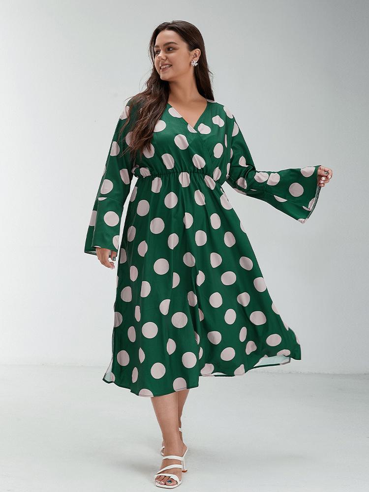 Polka Dot Slit Flared Sleeve Dress