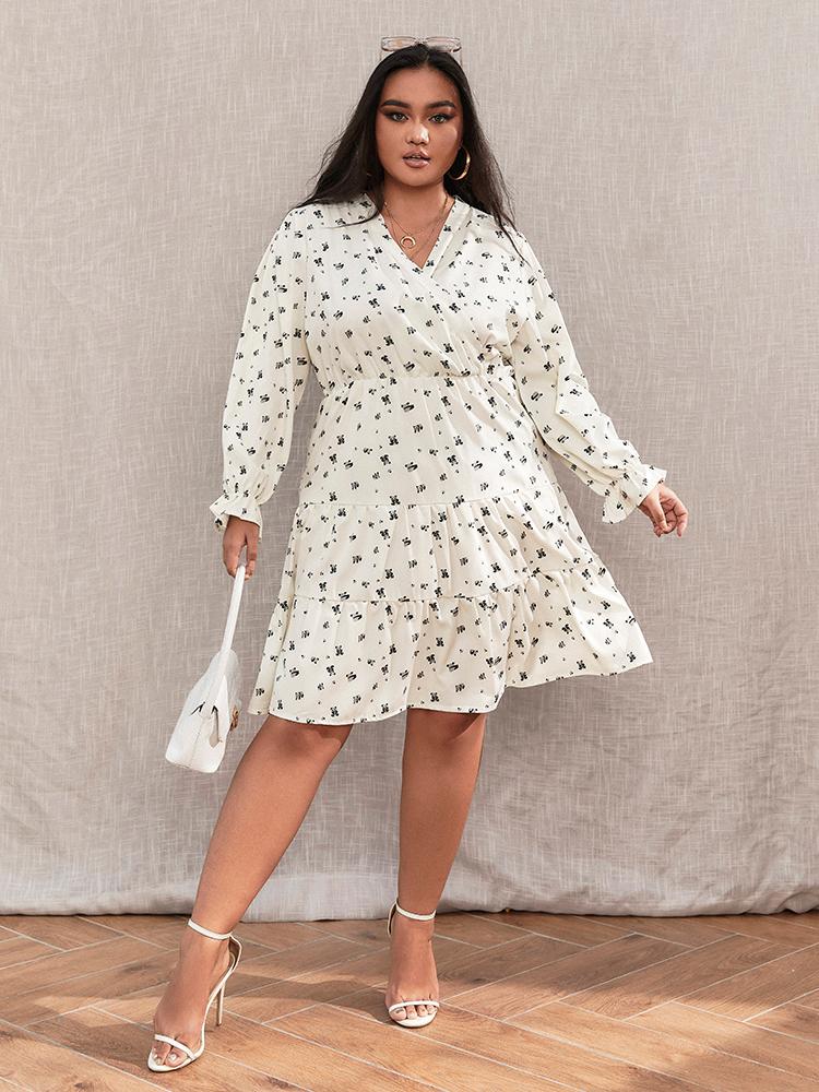 Printed V-neck High Waist Dress