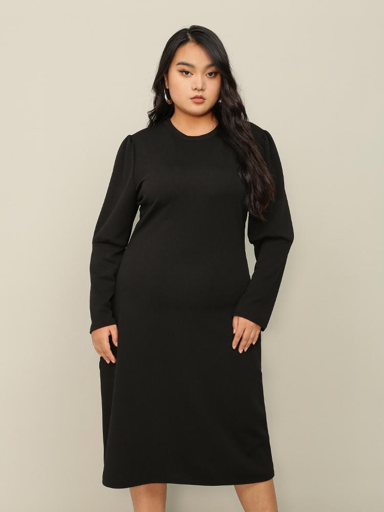 Solid Long Sleeve Round Neck Dress