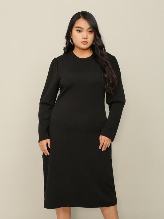 Solid Long Sleeve Round Neck Dress