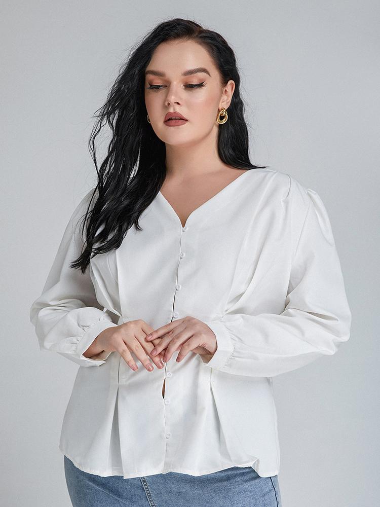 Solid Button Puff Sleeve Blouse