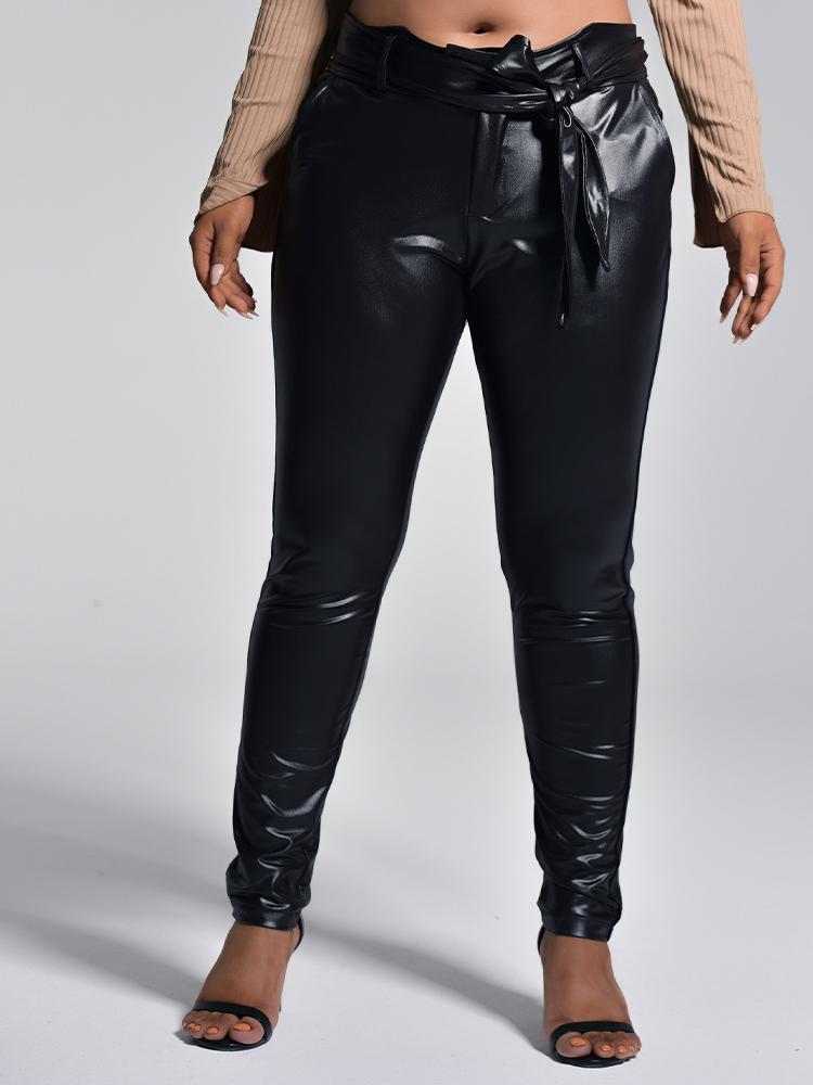 Belt Solid Color PU Pants