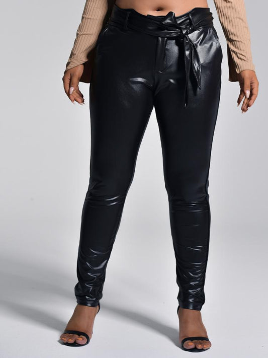 Belt Solid Color PU Pants