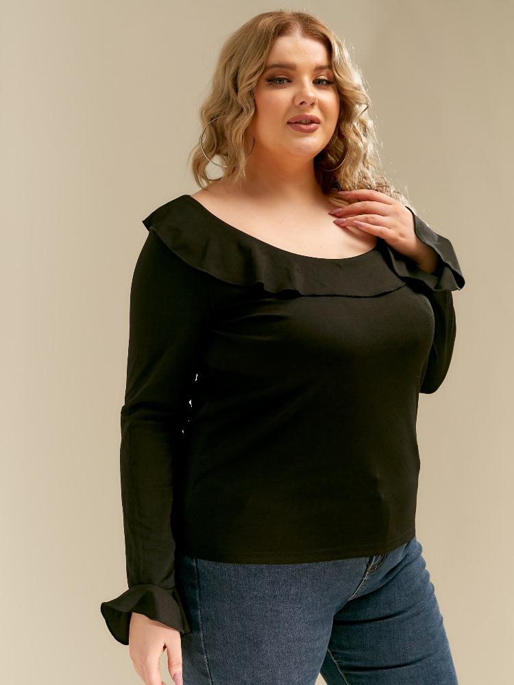 Ruffled Round Neck Long-sleeved T-shirt