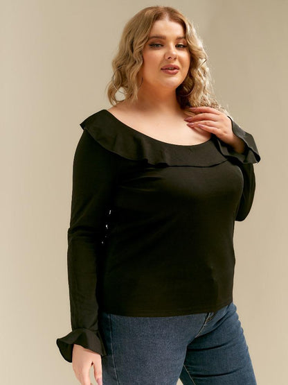 Ruffled Round Neck Long-sleeved T-shirt