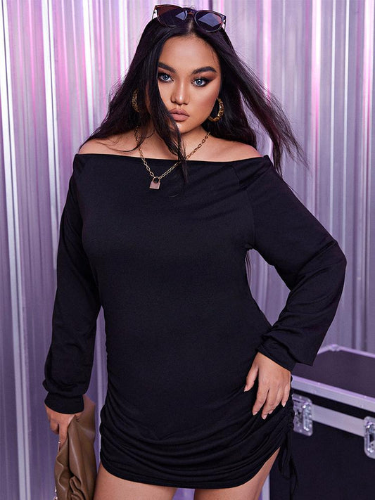Off Shoulder Ruched Knotted Black Dress