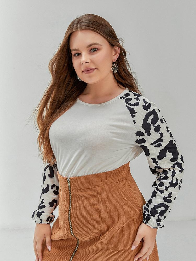 Leopard Print Sleeve Round Neck T-Shirt