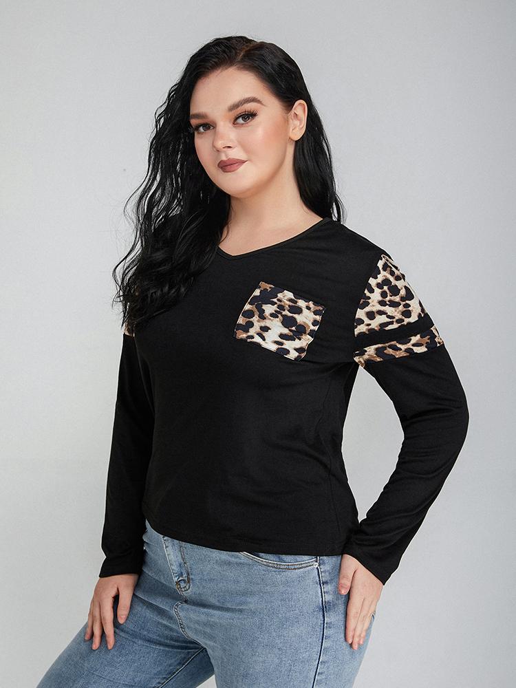Leopard Print Pocket Long Sleeve T-shirt