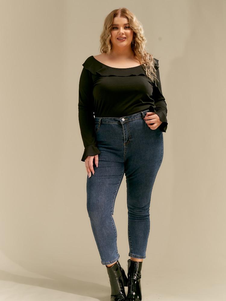 Ruffled Round Neck Long-sleeved T-shirt