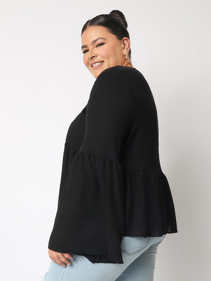 Solid Flared Sleeve Loose Top