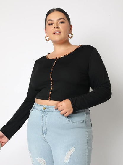 Leopard Detail Long-sleeved Crop T-shirt