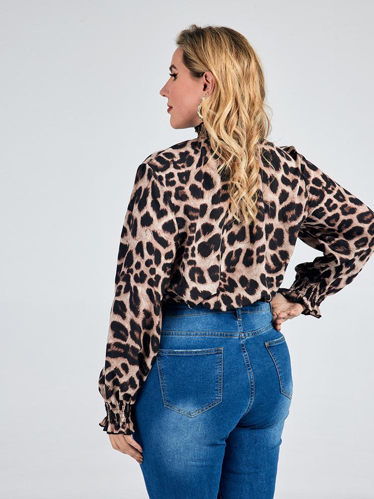Leopard Shirred High Collar Blouse