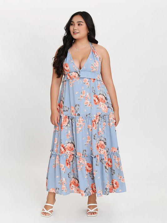 Floral Backless Ruffle Dress
