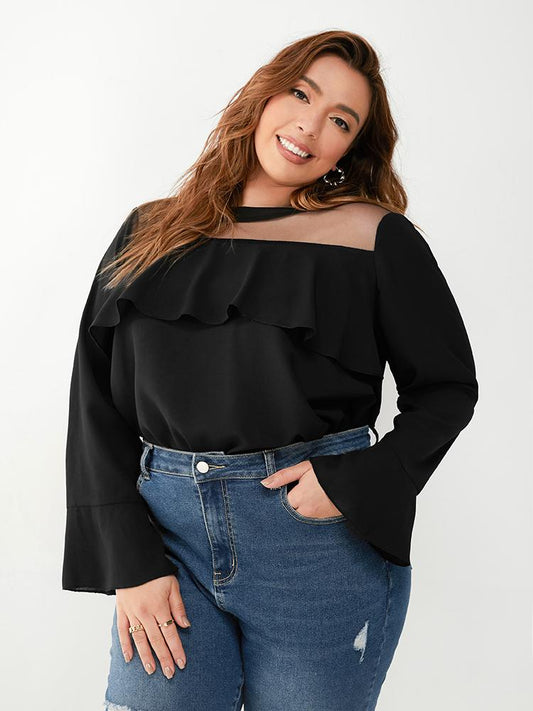 Mesh Panel Ruffled Top