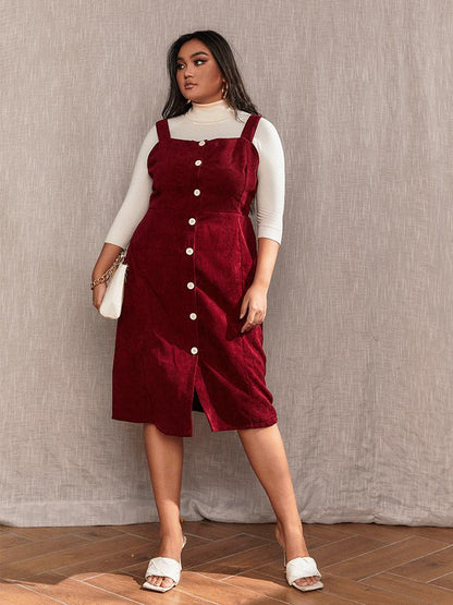 Corduroy Button Through Strap Dress