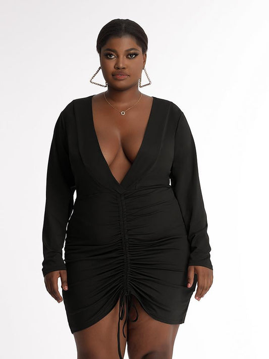 Ruched Plunge Solid Dress