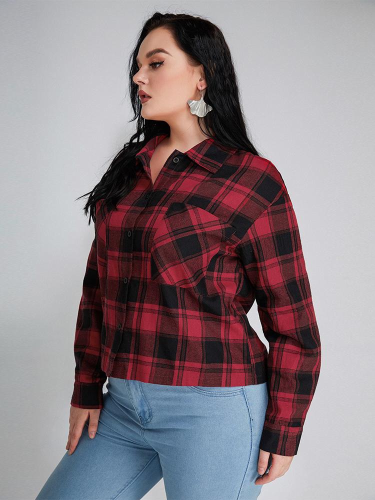 Plaid Pocket Lapel Collar Blouse