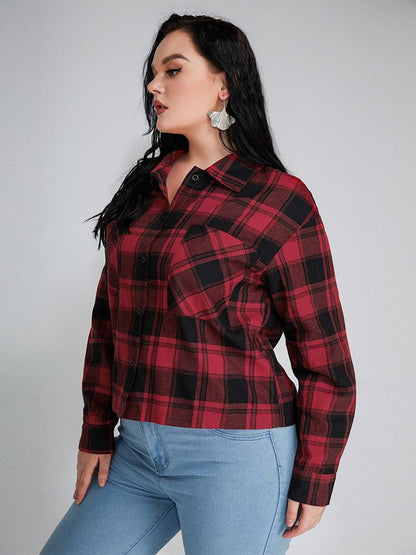 Plaid Pocket Lapel Collar Blouse