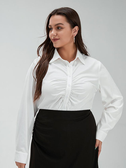 Pleated Lapel Collar Solid Blouse