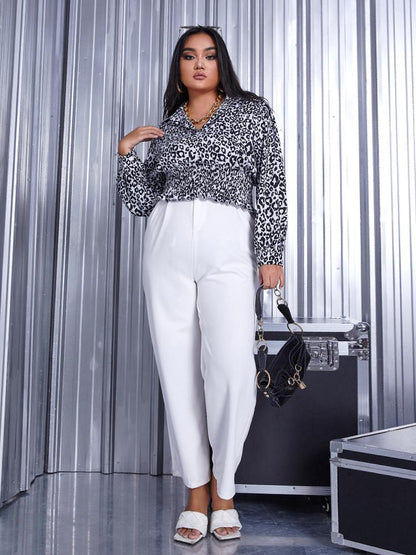 Leopard Print Smocking Lapel Collar Top