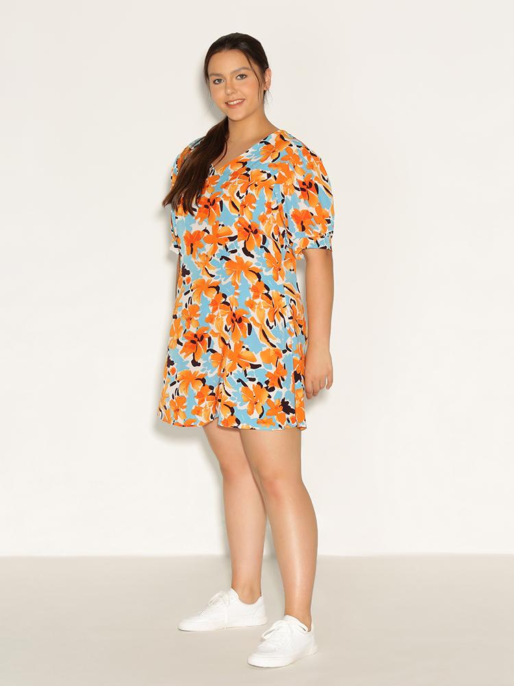 Floral V-Neck Puff Sleeve Dress