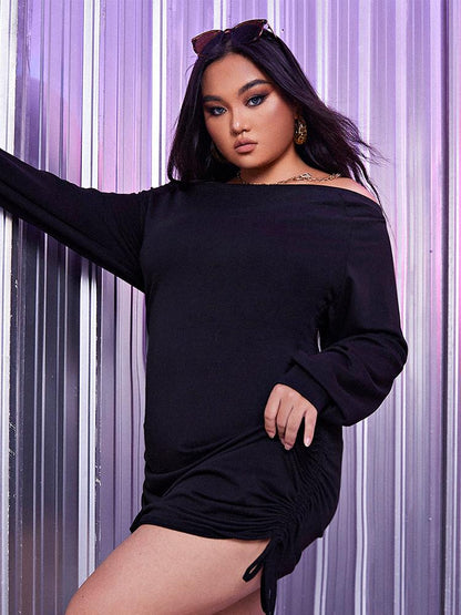 Off Shoulder Ruched Knotted Black Dress