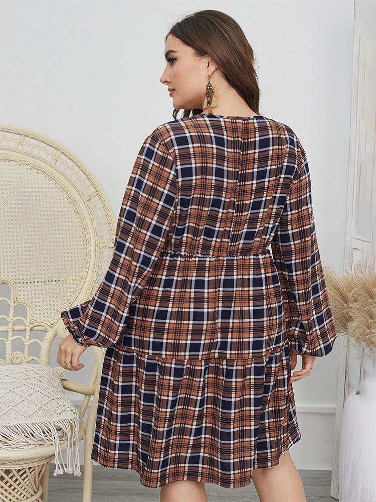 V-neck Plaid Button Dresses