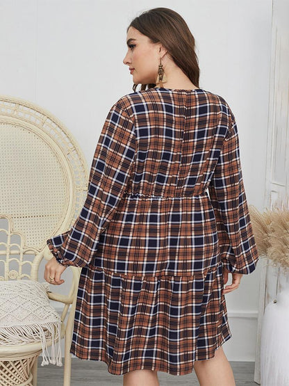 V-neck Plaid Button Dresses