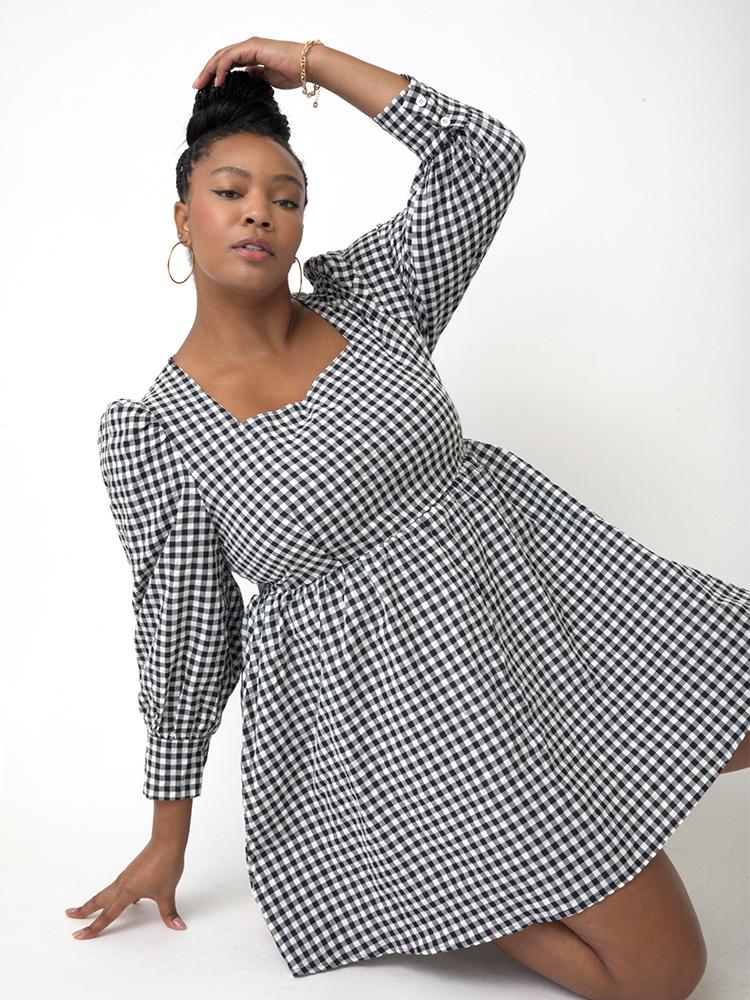 Plaid Puff Sleeve Square Neck Dress