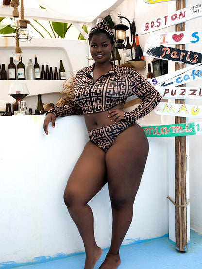 Blocks Zipper Neck Tankini