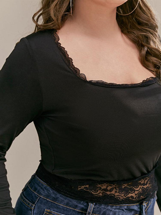 Lace Stitching Square Neck Crop T-shirt