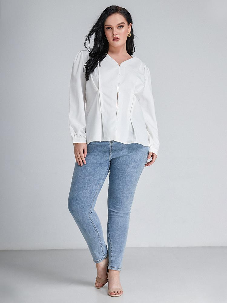 Solid Button Puff Sleeve Blouse