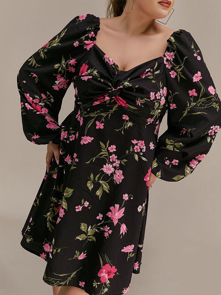 Floral Pleated Puff Sleeve Dress