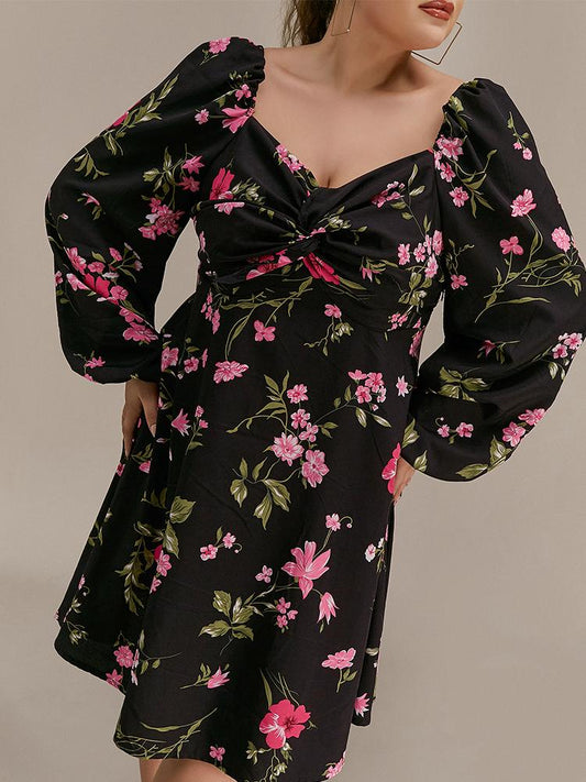 Floral Pleated Puff Sleeve Dress