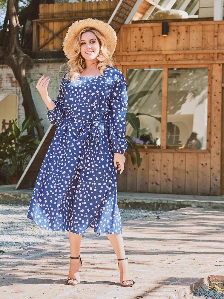 Dot Lantern Sleeve Belt Dress