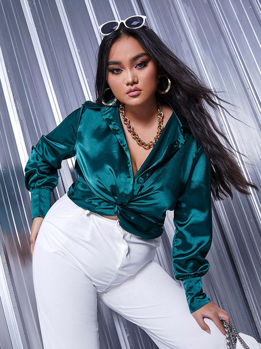 Twisted Front Lapel Collar Crop Blouse