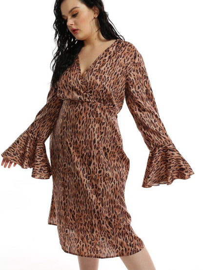 Leopard Flared Sleeve V-neck Wrap Dress
