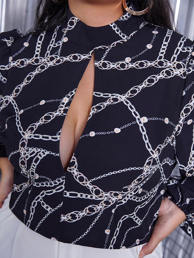 Chain Print Lantern Sleeve Keyhole Blouse