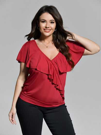 Ruffle Sleeve V-Neck T-Shirt