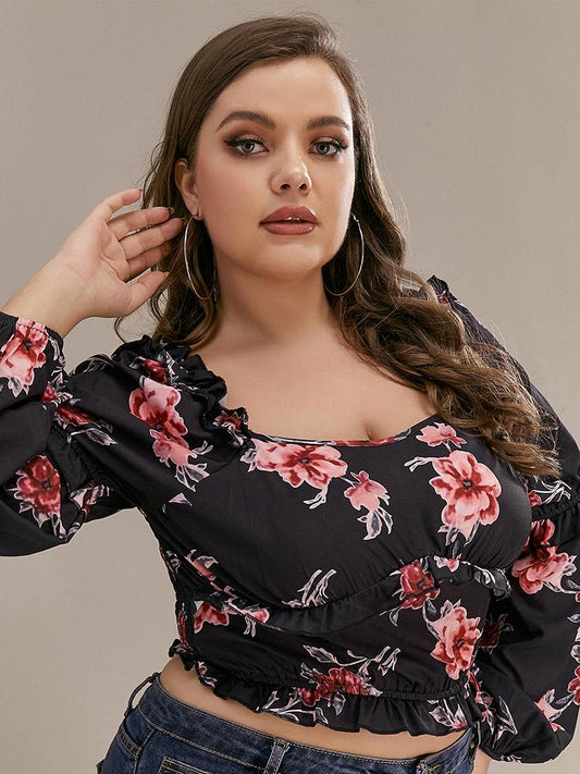 Floral Ruffled Smocking Crop Top