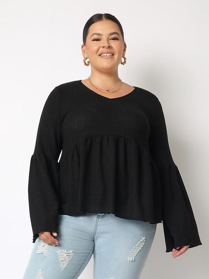 Solid Flared Sleeve Loose Top