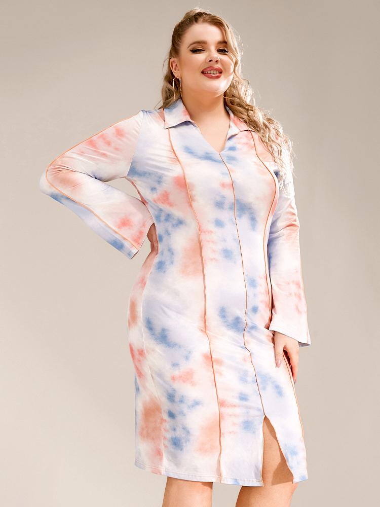Tie Dye Split Hem Lapel Collar Dress